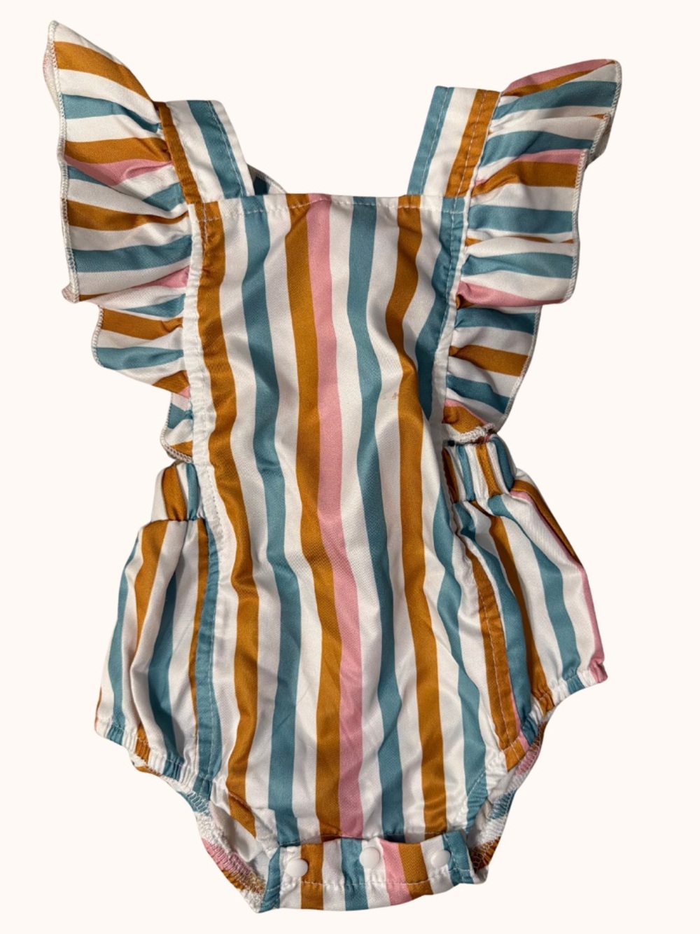SHEIN Striped Ruffle-Shoulder One-Piece - Teal, Mustard & Pink